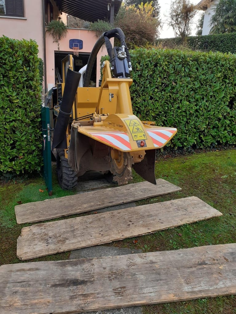 Yellow forklift with red and white striped pallet displayed in residential driveway with green hedges
