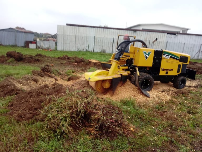 Yellow wood chipper machine processing tree debris on a farm property with metal structures in background